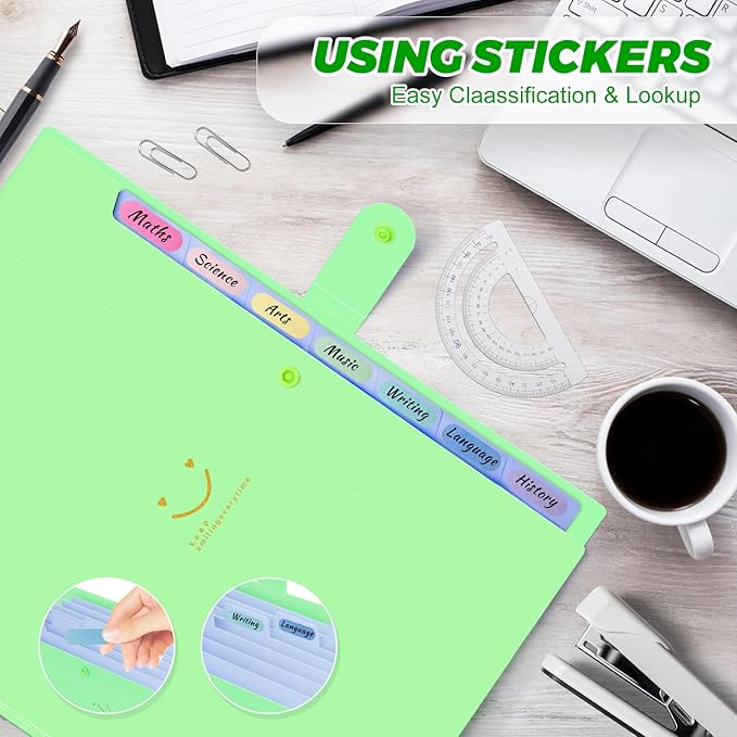 Expanding File Folder, 8 Pockets Accordion File Organizer, A4 Letter Size Paper Document Receipt Organizer Accordian Filing Folder for Classroom, Home, Office and Travel(Grass Green)