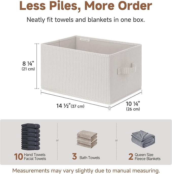 StorageWorks Foldable Shelf Organizer Bins, Closet Storage Baskets for Clothes, Fabric Storage Bins for Shelves, Beige Stripes, 3-Pack, Large