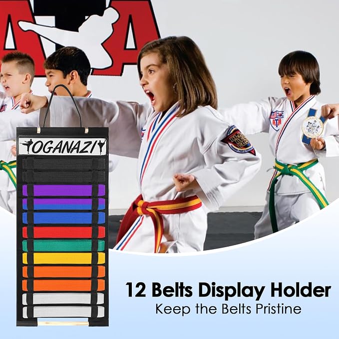 12 Belts Karate Belt Display Rack with Personalized Stickers, Taekwondo Belt Display Holder with Bamboo Medal Rack, Felt Jiu Jitsu Belt Hanging Holder for Taekwondo, Karate, BJJ Learners