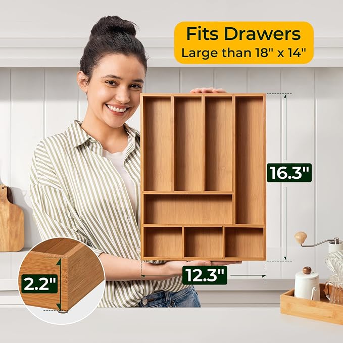Carbonized Bamboo Kitchen Drawer Organizer, 8 Slots Silverware Organizer, Utensil Holder & Cutlery Tray, 2.2" Deep for Extra Capacity, Non-Slip Feet Included