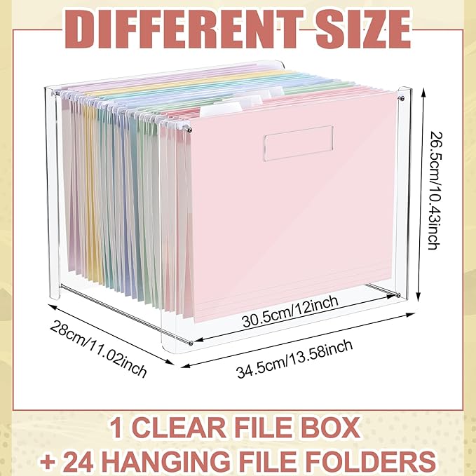 Dispowreath 24 Hanging File Folder with Acrylic Organizer for Letter/a4 Size Desktop Clear File Storage Box with Handles for Home Work Office Use(Macaroon,Classic)
