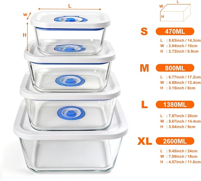 Vacuum Seal Borosilicate Glass Containers for Food Storage, 4 Sizes (S M L XL) Compatible with Desktop and Handheld Vacuum Sealer Machines, Airtight Lid Set