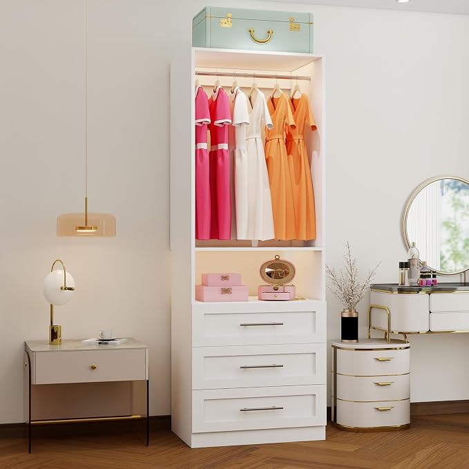 Closet System with 3 Drawers, 2-5FT Small Custom Closet Organizer System Shelving Wood with 2 Hanging Rods & Shelf, Walk-in Closet System Freestanding, Modular Closet Organizer System, White