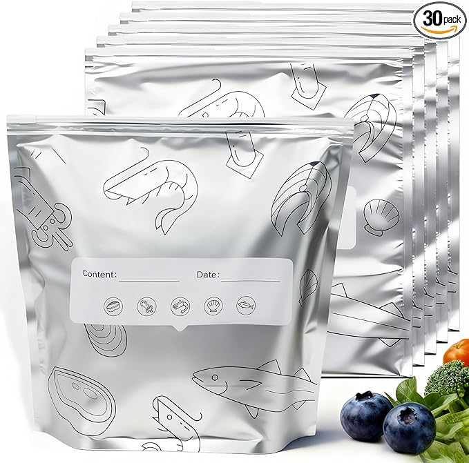 Aluminum Foil Food Storage Bags, Reusable Freezer Bags for Refrigerator, Stand Up Airtight Vacuum Sealer Bags, Heavy Duty Smell Proof Lock Freshness, Perfect for Meat, Vegetables (30, Large)