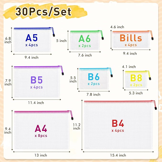 30pcs Mesh Zipper Pouch Bags, 8 Sizes Plastic Zippered Storage Bags for Organizing, Clear Pouches with Zipper, Waterproof Mesh Pouch for Office Supplies, Home Organize, Travel Storage