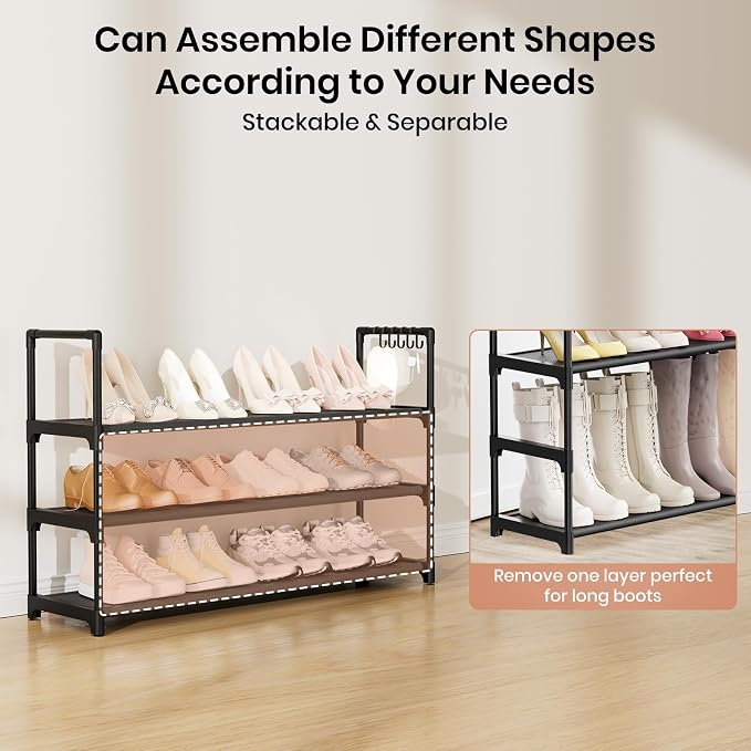 VILICK Shoe Rack for Closet Shoe Organizer Space Saver Storage for 12-15 Pair Shoe Shelf with Hook Free Standing 3 Tier Shoe Rack Organizer for Entryway, Small Spaces, Black