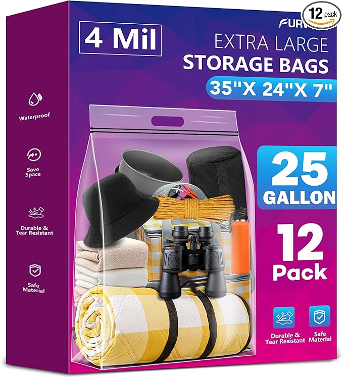 FURWEY 25 Gallon Extra Large Storage Bags 35”x 24”Resealable Clear Bags with Handle 4 Mil Thick Heavy Duty Big Bag for Clothes Pillow Travel Moving,Bedding,Shoes and Toys Storage, Pack of 12