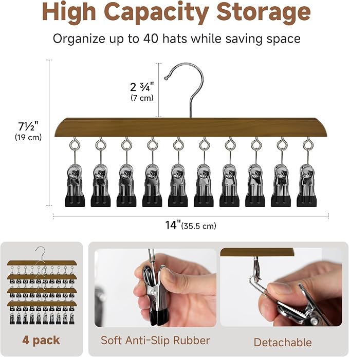StorageWorks Hat Organizer 2 Pack, Walnut Cap Hanger Rack with 10 Clips