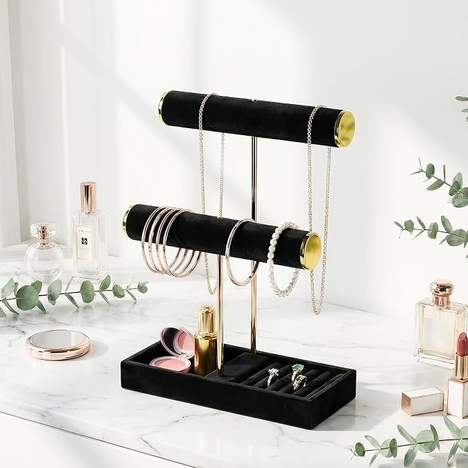 2 Tier Jewelry Organizer Stand,Velvet Tabletop Necklace and Bracelet Hanging Organizer Holder for Girls and Women,Large Small Jewelry Storage Display Tree Rack for Vendors,Ring and Watch Hanger(Black)