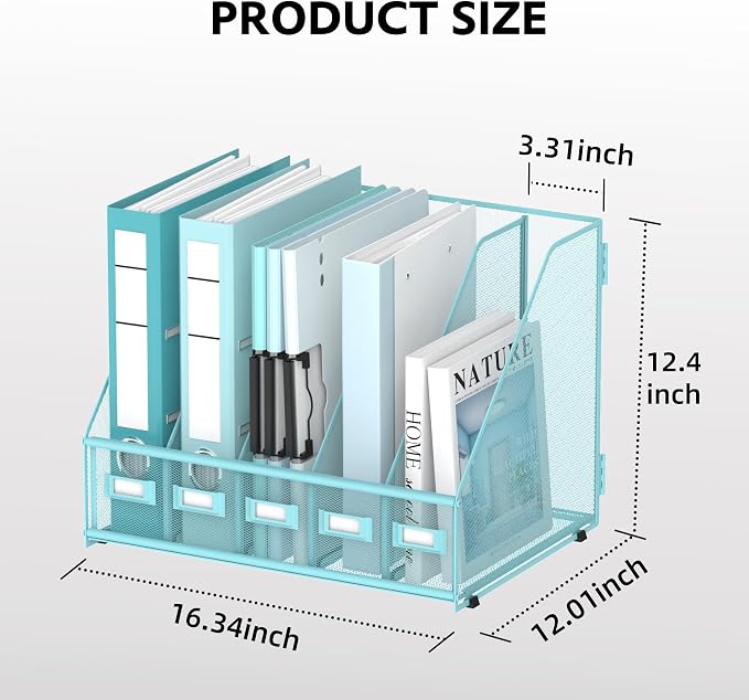 5 Vertical Compartments Magazine File Holder, Metal Binder Organizer, Blue | Space-Saving Desktop Storage, Built-In Label Holders, Anti-Slip Feet, Sized for Binders, Folders, Magazines and Files