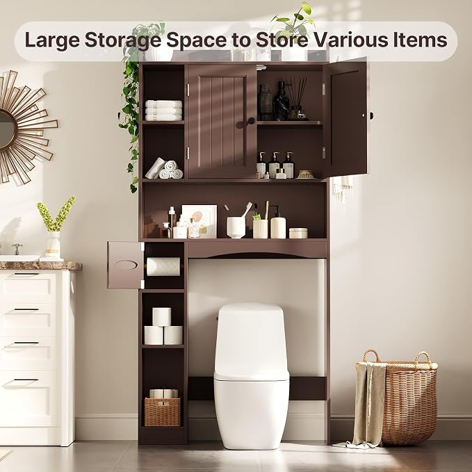 Gizoon Over The Toilet Storage Cabinet, 66''H Over Toilet Storage Cabinet, with Paper Holder, Adjustable Shelves, 2 Doors, Over Toilet Bathroom Organizer, 2 Side Hooks, Space-Saver, Dark Brown