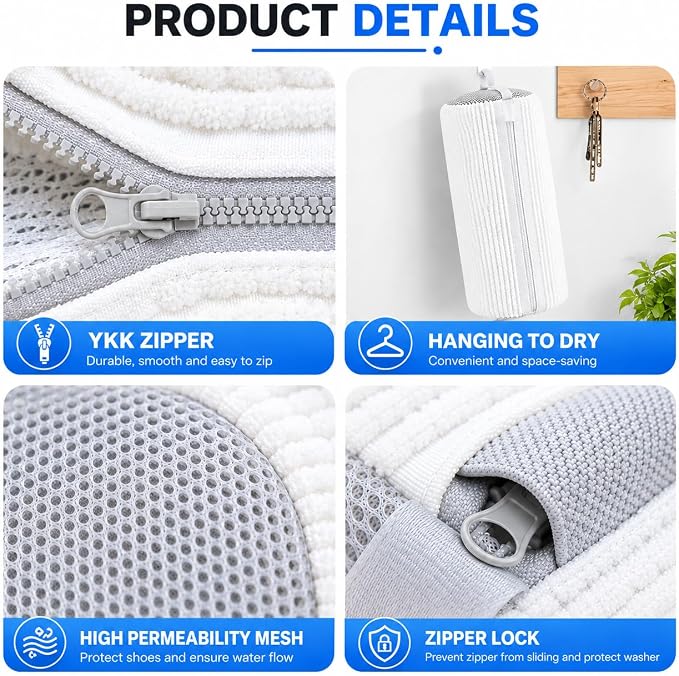 2 Pack Shoe Washing Machine Bag, Laundry Shoe Bag for Washer and Dryer, Reusable Shoe Cleaning Bag for Sneakers and All Shoes Types with Self-Locking Zipper(Pure White)
