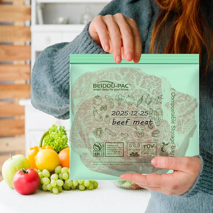 BEIDOU-PAC Compostable Gallon Food Storage Freezer Bags, 50 Count | 2 Mil | 10.5" * 10.7", Freshness Easy Open Biodegradable, Eco-Friendly Reclosable Compost Zippper Bags