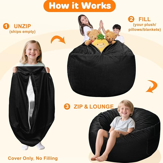 Lukeight Stuffed Animals Storage Bean Bag Chair Cover Only (Ships Empty, No Filling) - Velvet YKK Zipper Beanbag Cover for Kids and Big kids, Washable Plush Toy Organizer, X-Large 30" D x 18" H