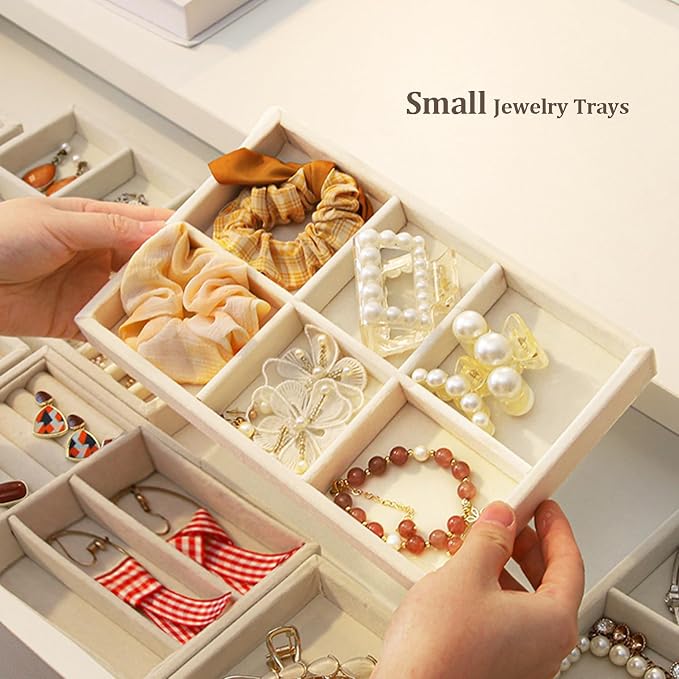 SPAKOWN Jewelry Trays Organizer for Drawer, 9 Set of Small Jewelry Display Case Storage Velvet Stackable Drawer Inserts Organizer for Necklaces Bracelets Earrings Rings (Beige)