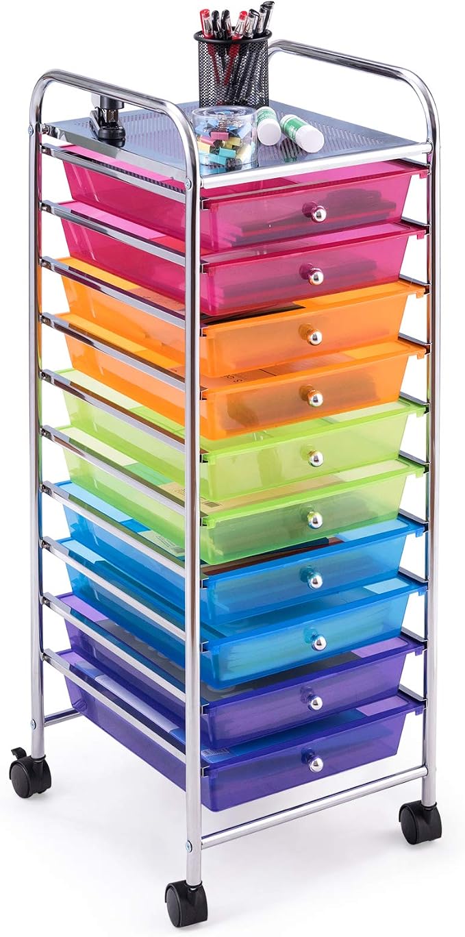 Happygrill 10-Drawer Storage Cart, Utility Cart with Removable Drawers & Metal Frame, Rolling Storage Cart with Lockable Wheels for Home, Office, Rainbow