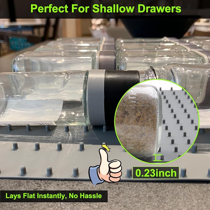Gosmol Spice Drawer Organizer Insert - Spice Drawer Liner 2 Pack Grey | Adjustable non-slip silicone liner; in-drawer spice organizer for seasoning jars, spice bottles, flat spice rack for drawer