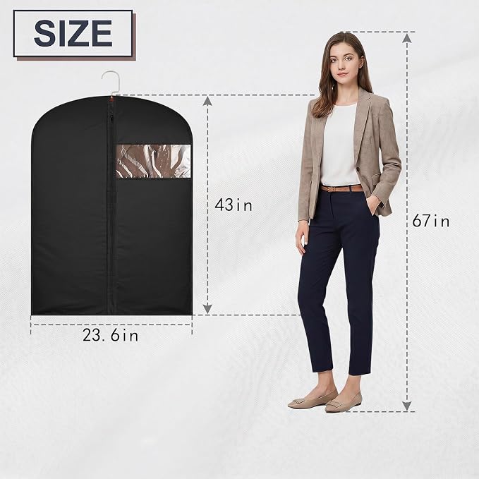 2Pcs Garment Bags Covers, 43 Inch Hanging Clothes Bag, Suit Cover Bags with Clear Window for Hanging Closet Clothes Storage and Travel (2, Black, 43 inch)