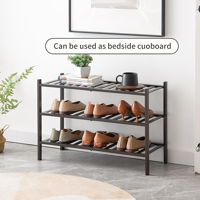 Shoe Rack, 3-Tier Bamboo Stackable Shoe Shelf Storage Organizer, Shoe Stand for Closet, Entryway and Hallway