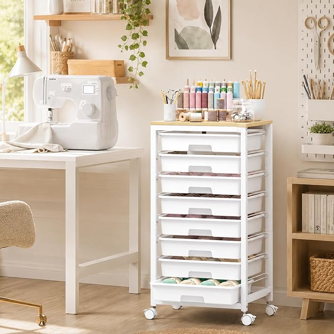SYKIARIOL Rolling Cart with Drawers,8 Drawer Rolling Cart,Rolling Drawer Cart,Rolling Storage Drawer Cart,White Rolling Cart,Utility Cart with Drawers and Wooden Tabletop