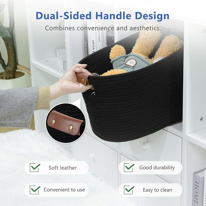 ECDYQXVU 15x10x9 Black Woven Cotton Rope Storage Basket Handles 3 Pack | Foldable Design, Leather Handles, Easy to Clean Organizer for Living Room, Closet, Shelves, Bedroom, Laundry, Clothes