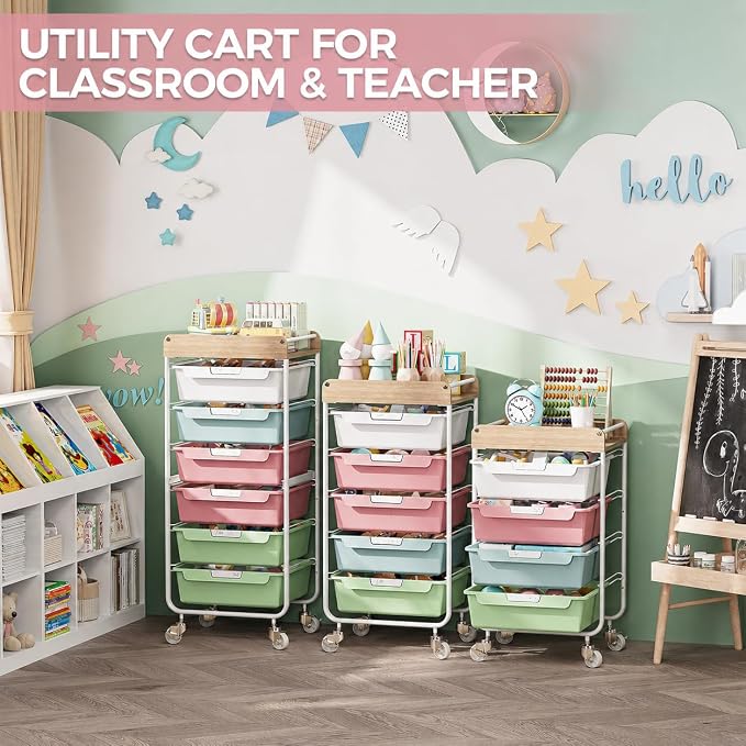 Rolling Craft Storage Cart with 4 Drawers,Utility Cart with Drawers,Art Craft Organizers and Storage,Kids Craft Cart,Kids Art Cart With DIY Lable and Wooden Tabletop Area,Colorful