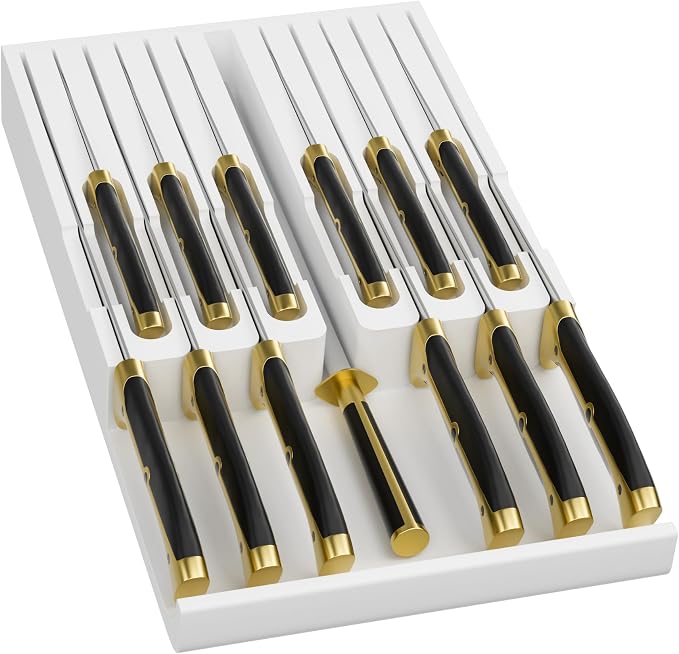 Domax Bamboo In-drawer Knife Block - Kitchen Knife Drawer Organizer Insert, Steak Knife Holder Without Knives, Drawer Knife Organizer Fits for 12 knives and 1 Sharpening Steel (Not Included), White