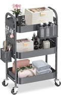 ALVOROG 3 Tier Metal Rolling Utility Cart with Pegboards,Baskets,Hooks,Gray | More Storage Craft Cart with Pegboards,Lockable Wheels,Hooks & Baskets to Organize Kitchen,Office,Bedroom and DIY Supplies
