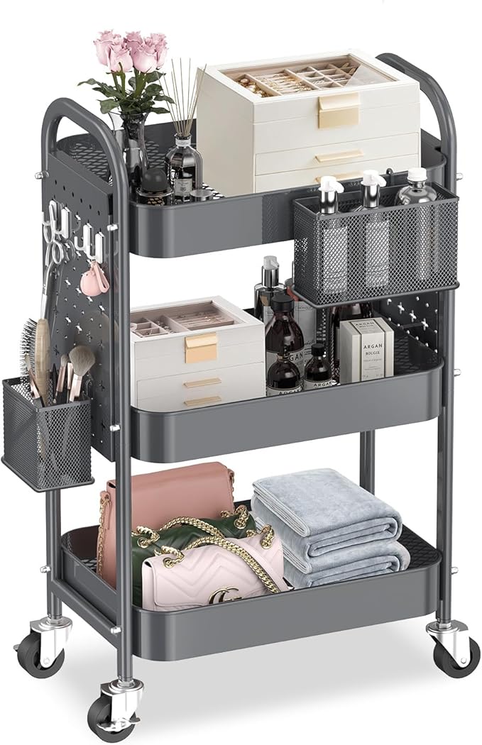 ALVOROG 3 Tier Metal Rolling Utility Cart with Pegboards,Baskets,Hooks,Gray | More Storage Craft Cart with Pegboards,Lockable Wheels,Hooks & Baskets to Organize Kitchen,Office,Bedroom and DIY Supplies