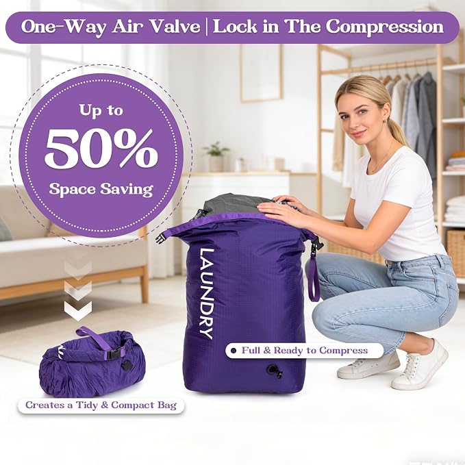 Travel Laundry Bag, Vacuum Compression Dirty Clothes Travel Bag, Waterproof Wet/Dry Space-Saving Laundry Storage Organizer, Smell Proof Storage Bag for Clothing, Swimming, Yoga, Gym, Camping
