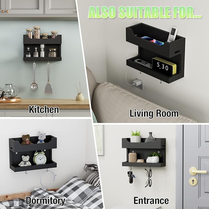 NiHome Bedside Wall Shelf, Wood Organizer, Magnetic Hooks, 2 Tier, Black | Double Layer Tray For Dorm Bedroom, Cable Holes, No Drill Mount RV Wall Caddy, Holds Phone Glasses Remote Clock