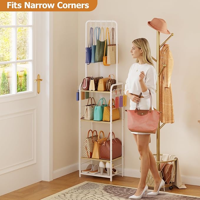 Tall Purse Organizer Stand with 3-Tier Thick Wood + 1-Tier High-Density Mesh, Adjustable Interchangeable, Slim Narrow Freestanding Handbag Rack with 5 Large & 6 Side Hooks, Closet Bag Storage White