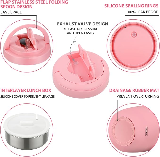 Itslife 32oz Insulated Soup Thermo, Vacuum Stainless Steel Food Jar for Hot & Cold Food, Leakproof Wide Mouth Lunch Container with Spoon (Light Pink)