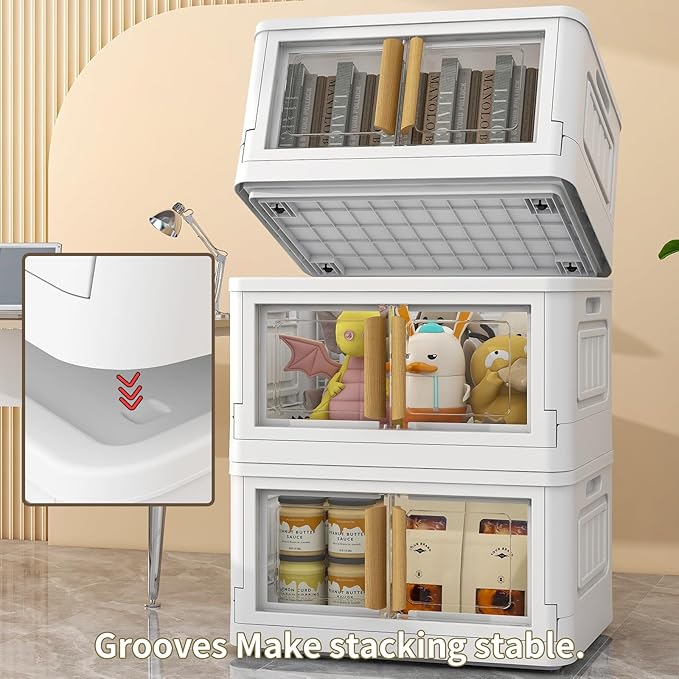 Collapsible Storage Bins with Lids, Wooden Handles 92Qt Large 3 Packs Stackable Storage Bin with Individual Lids, Foldable Storage Cabinet for Home, Office, Dorms