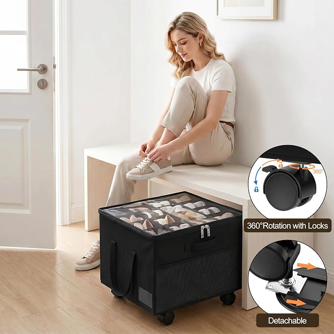 2 Pack Large Shoe Organizer for Closet, 32 Pairs Shoe Storage Box with 360° Wheels & Reinforced Handles, Adjustable Dividers, Clear Cover, Side Pocket, Foldable Oxford Fabric Bin for Entryway, Black