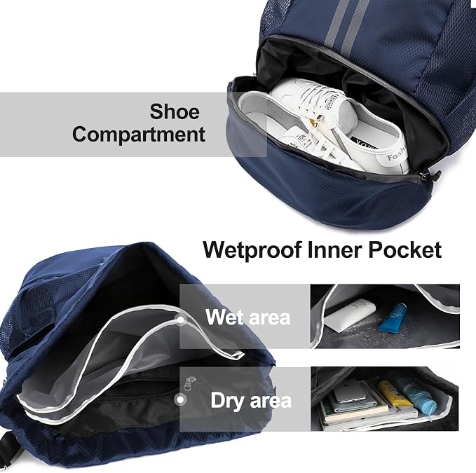 Hoedia Sports Drawstring Backpack - String Swim Gym Bag with Shoes Compartment and Wet Proof Pocket for Women&Men