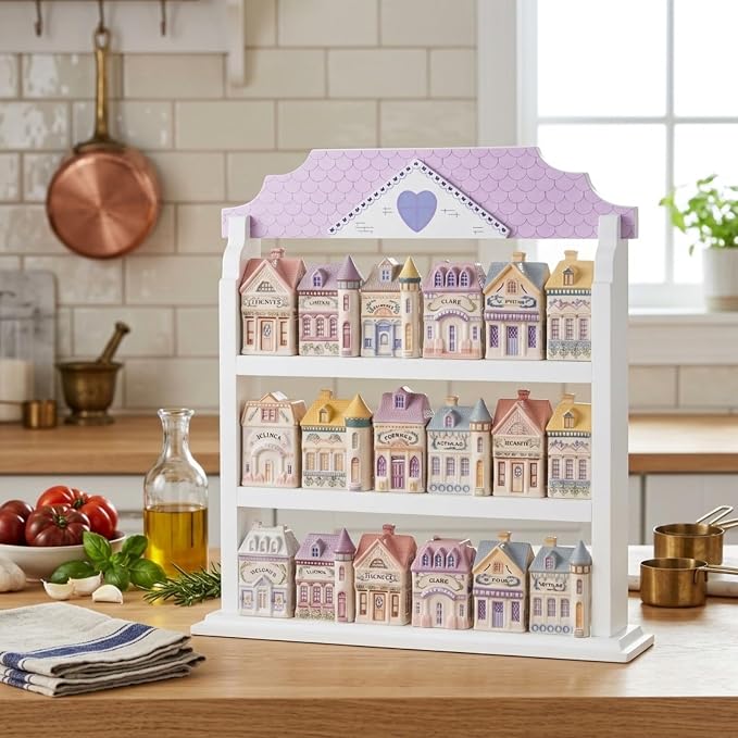 Chunful Vintage Spice Jar Wooden Rack with 3 Tier Hanging Spice Rack House Shaped Kitchen Storage Village Style Display Shelf for 18 Jar, Housewarming Christmas Bridal Gift, Shelf Only, 14.8x15.4 Inch