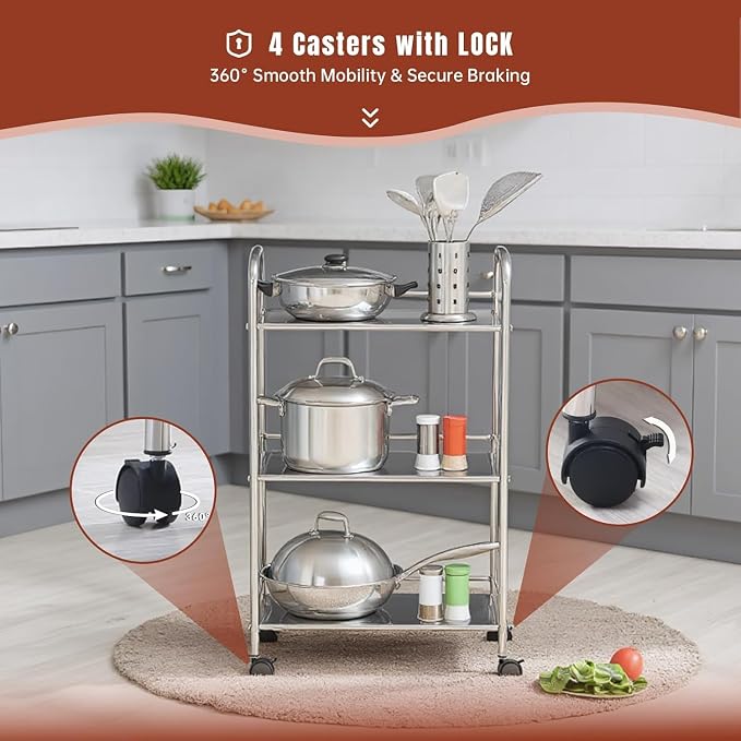 Heavy-Duty NSF 301 Stainless-Steel Rolling Cart – 3-Tier with White Protective Film & Locking Wheels | Commercial Wire Shelving for Kitchen