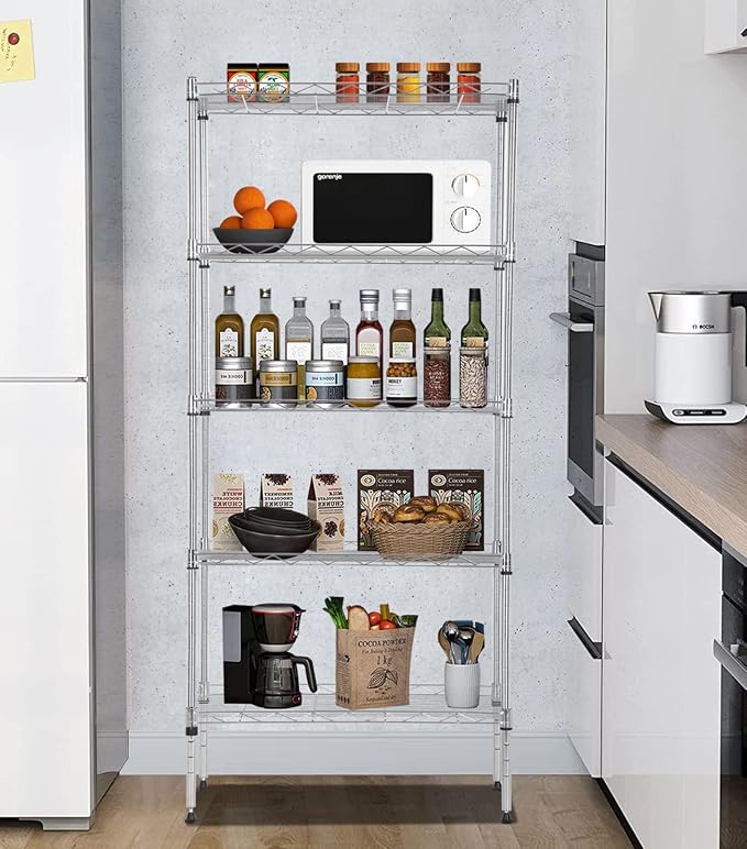5-Tier Shelving Unit Adjustable Metal Shelves 48" H Storage Rack Wire Shelf for Pantry Kitchen Closet Organization Space Saving, 750LB Capacity, 11.6" D x 21.5" W x 47.6" H, Chrome