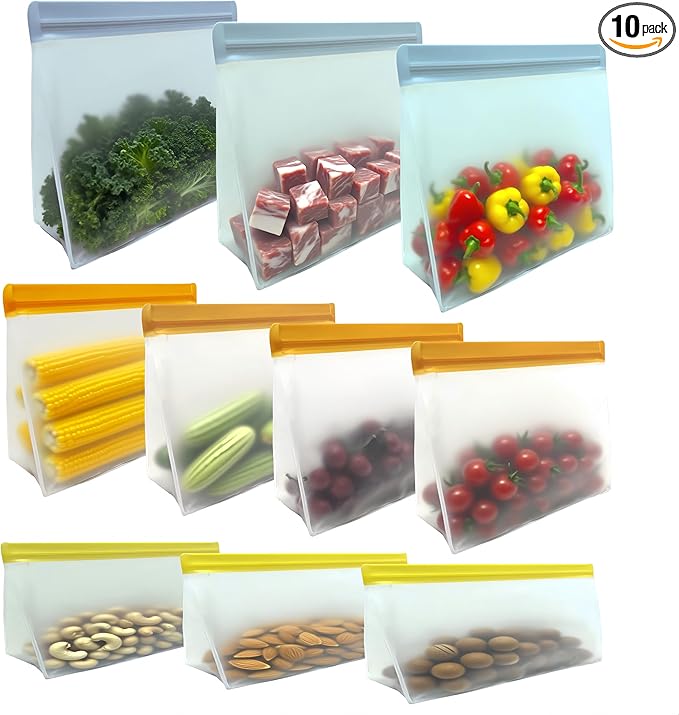 10 Pack Freezer Bags Dishwasher Safe, BPA-Free and Leakproof Reusable Gallon Bags for Marinate Meats Vegetables, Standing Up Design Reusable Food Storage Bags, 3 Gallon, 4 Sandwich, 3 Snack