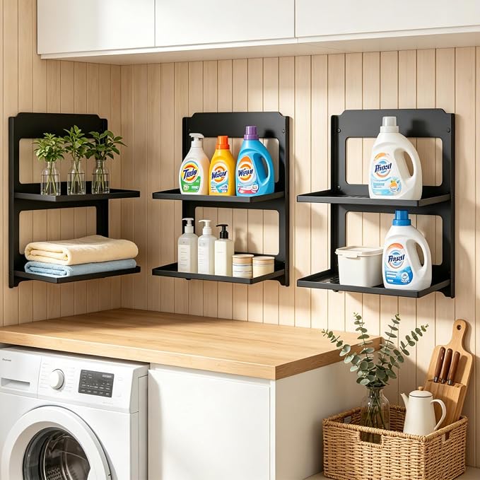 2-Tier Folding Wall Shelf, Small Metal Floating Shelves, Stackable Combined Foldable Storage Rack, Rustproof Hanging Shelf for Bathroom, Laundry Room, Kitchen, RV and Home Wall Decor
