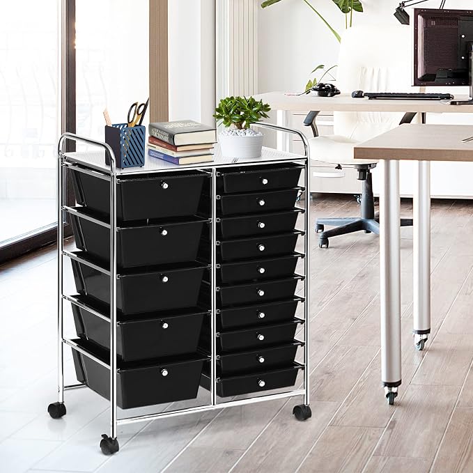 DREAMADE Rolling Cart with 15 Drawers, Clear Plastic Drawer Organizer w/Lockable Wheels, Removable & 2-Sized Storage Drawers, Art Cart for School Home Art Supplies Crafts File Scrapbook (Black)