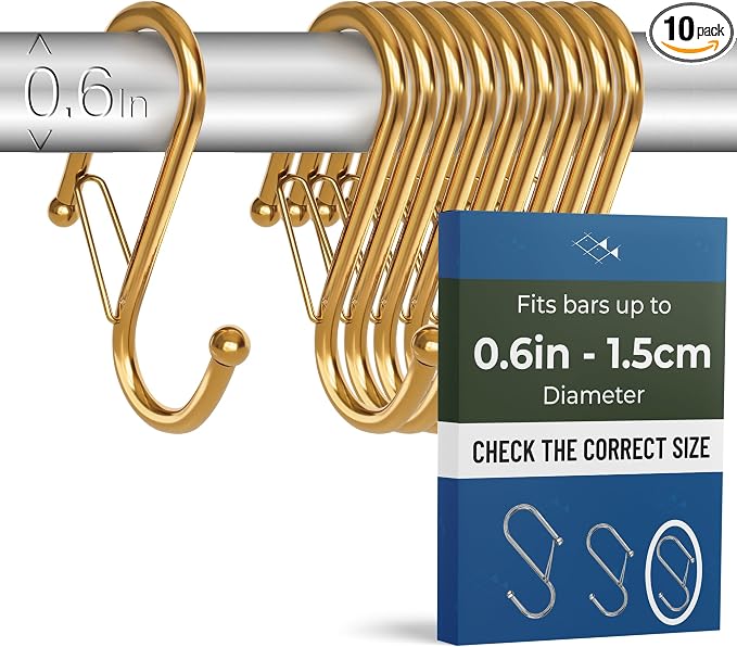 10-Pack Metal S Hooks for Hanging – Heavy-Duty S-Shaped Hooks with Safety Buckle – Fits Bars up to 0.6 In – Anti-Drop Hook for Kitchen, Pot Racks & Towel Bars – Gold (Small)