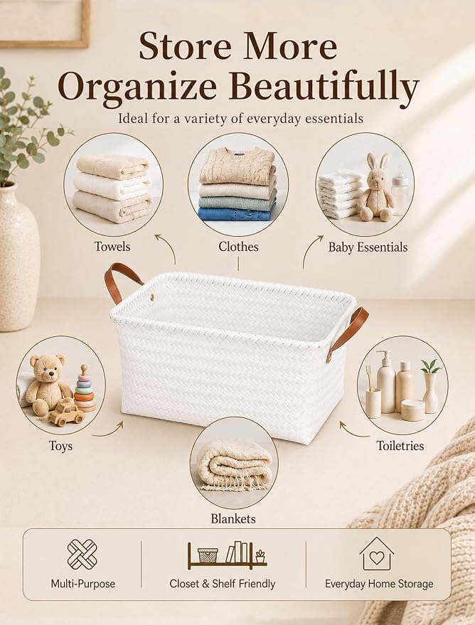 Hand Woven Baskets for Storage, 4Pcs Water-Resistant Wicker Baskets, White Wicker Storage Baskets for Shelves, Large Basket with Handle for Organizing, Clothes, Laundry, Blanket - Rectangular