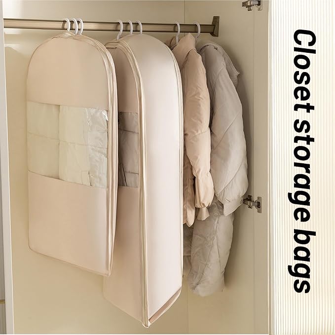 Space Saving Hanging Compression Garment Bag with Zipper for Closet Storage, Hanging Clothes Storage Bag, Garment Covers for Coats and Down Jackets, Beige, L