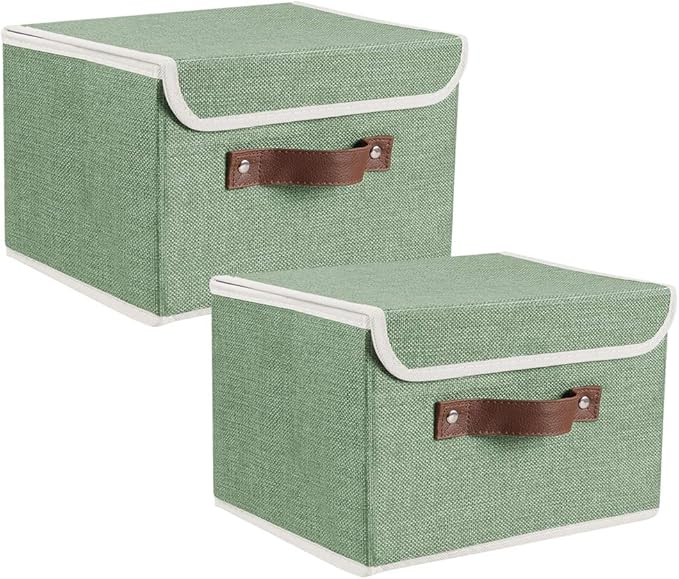 2Pack Storage Bins Boxes with Lids 10" x 8" x 7" Decorative Storage Baskets | Cotton Linen Fabric, Collapsible, Faux Leather Handles, Storage Cubes, Closet Shelf Clothes Organizer Container, Green