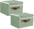 2Pack Storage Bins Boxes with Lids 10" x 8" x 7" Decorative Storage Baskets | Cotton Linen Fabric, Collapsible, Faux Leather Handles, Storage Cubes, Closet Shelf Clothes Organizer Container, Green