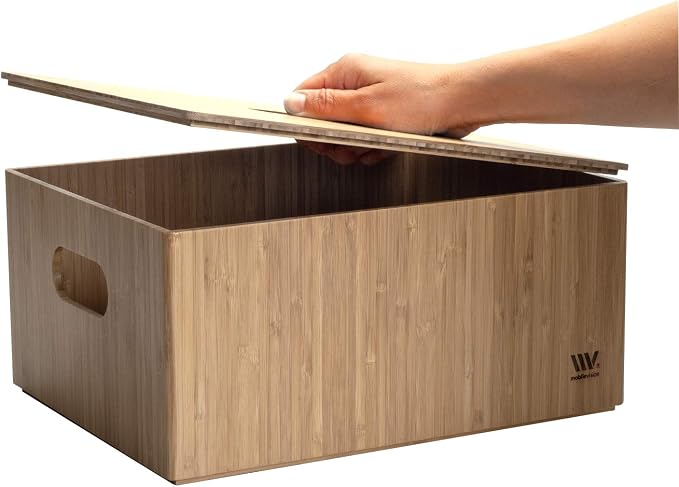 MobileVision Bamboo Storage Box PLUS LID COMBO, 12”x 9”x 6”, Durable Bin w/Handles, For Clothes, Shoes, Arts & Crafts, Closet & Office Shelf