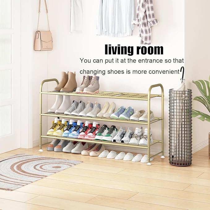 LINZINAR 3 Tier Long Shoe Rack for Closet Metal Shoe Organizer for Entryway | Spacious design stores 20+ pairs of shoes,durable metal frame,space-saving organizer for closet, hallway, and Entryway Gold