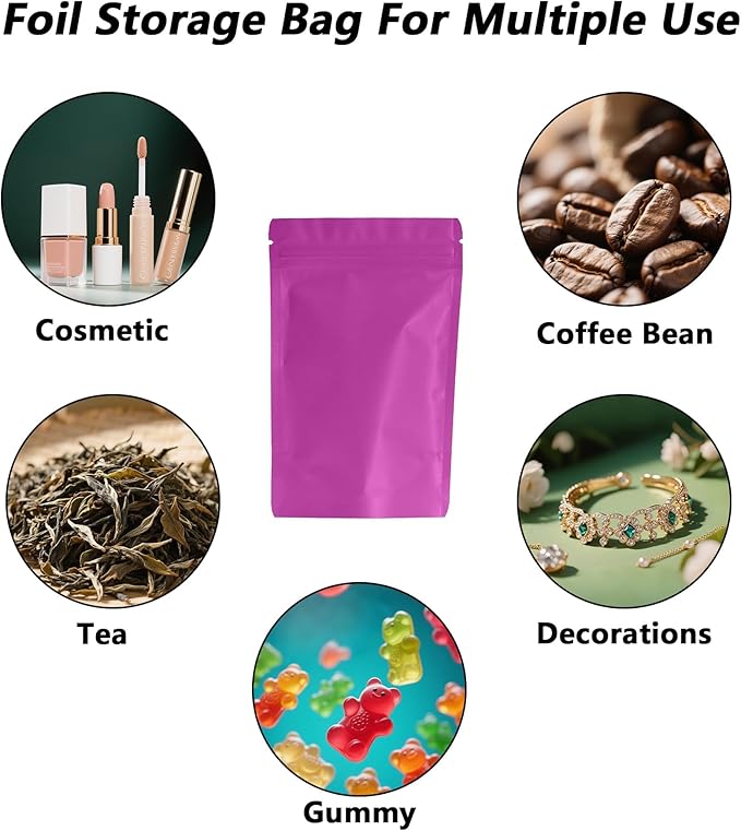 100PCS Smell Proof Resealable Pouch Bags,ULIFESTAR Aluminum Foil Flat Food Storage Bag,Sealable Pcsaging Zipper Pouches with Tear Notches for Pcsaging Lipgloss,Jewelry,etc(10*15cm/3.94*5.91",Purple)